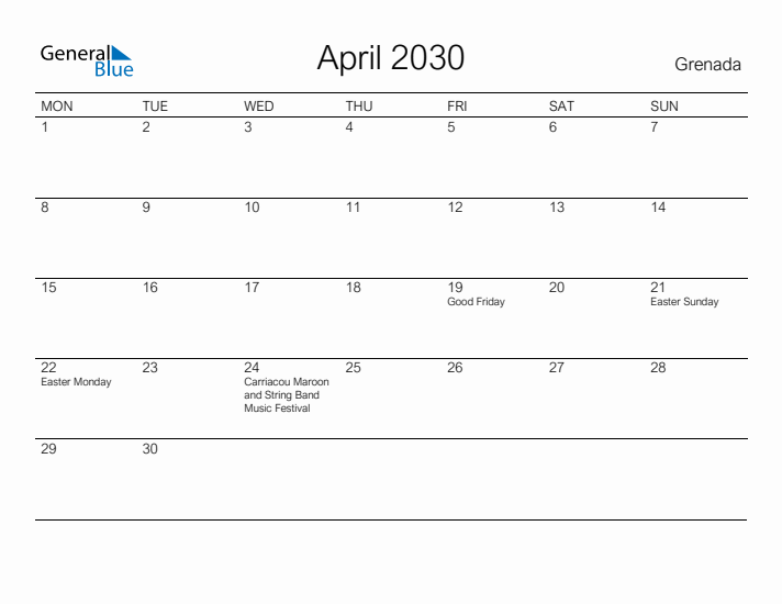 Printable April 2030 Calendar for Grenada
