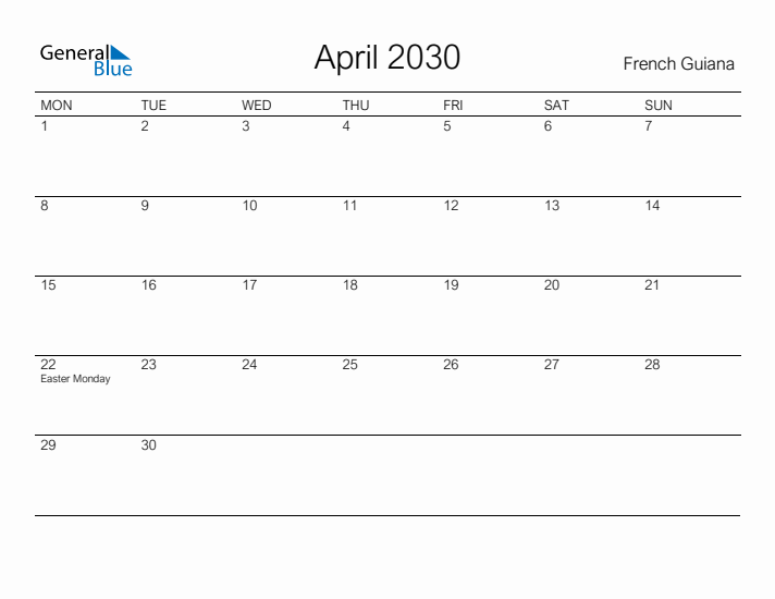 Printable April 2030 Calendar for French Guiana