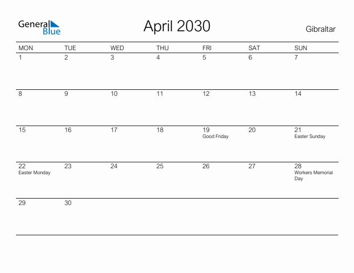 Printable April 2030 Calendar for Gibraltar