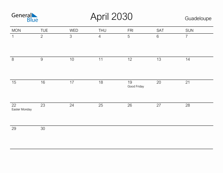 Printable April 2030 Calendar for Guadeloupe