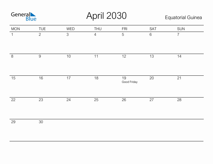 Printable April 2030 Calendar for Equatorial Guinea