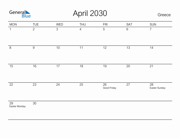 Printable April 2030 Calendar for Greece