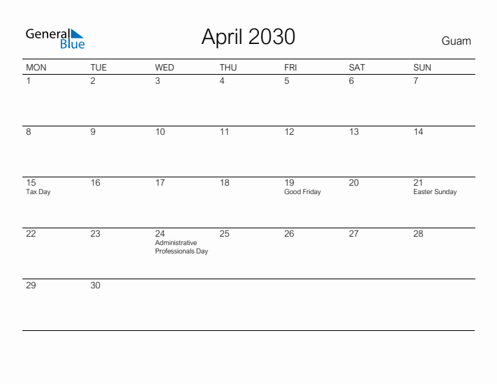 Printable April 2030 Calendar for Guam