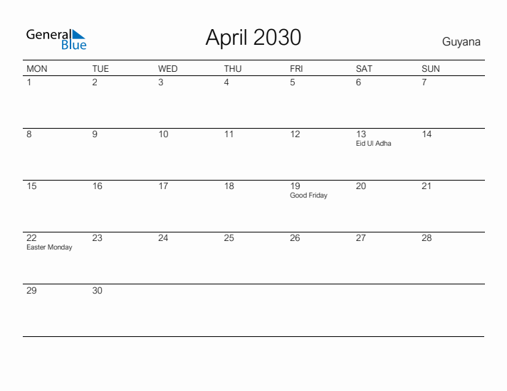 Printable April 2030 Calendar for Guyana
