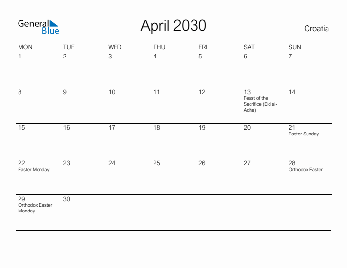 Printable April 2030 Calendar for Croatia