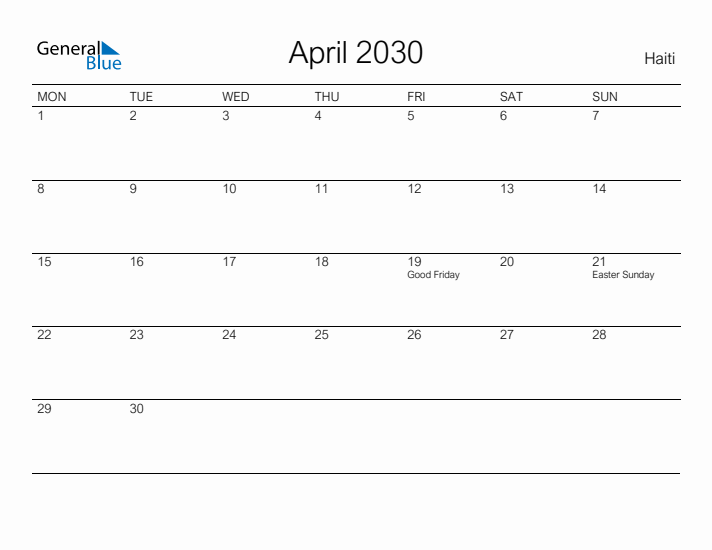 Printable April 2030 Calendar for Haiti