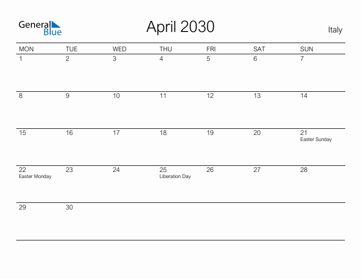 Printable April 2030 Calendar for Italy