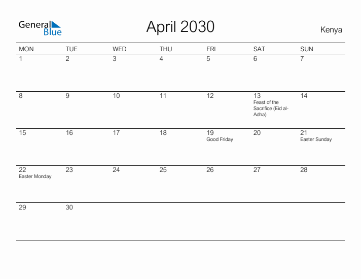 Printable April 2030 Calendar for Kenya
