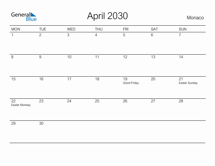 Printable April 2030 Calendar for Monaco