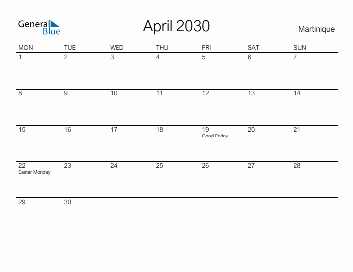 Printable April 2030 Calendar for Martinique