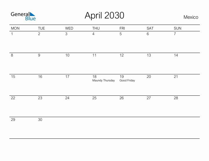 Printable April 2030 Calendar for Mexico