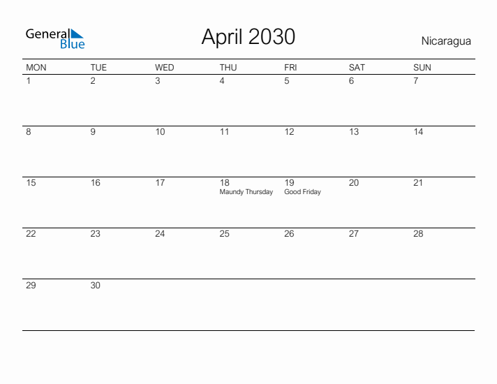 Printable April 2030 Calendar for Nicaragua