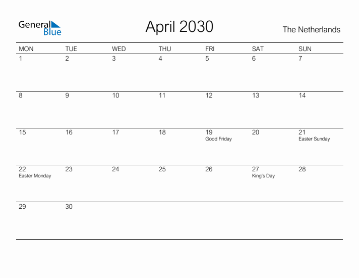 Printable April 2030 Calendar for The Netherlands