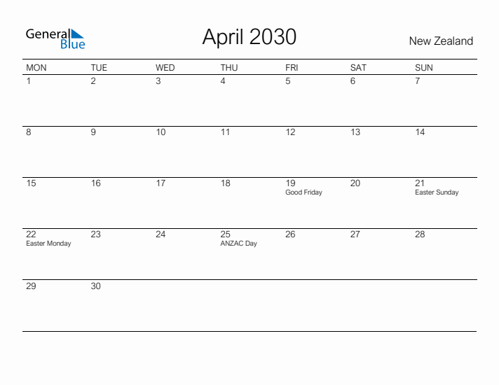 Printable April 2030 Calendar for New Zealand