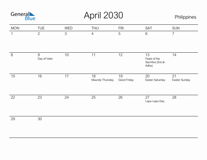 Printable April 2030 Calendar for Philippines