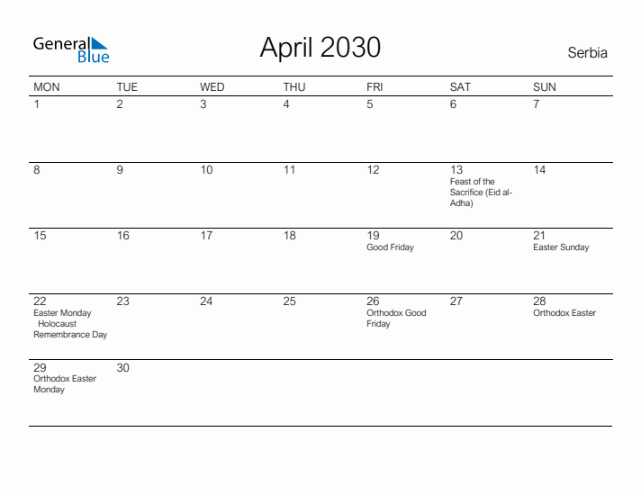 Printable April 2030 Calendar for Serbia