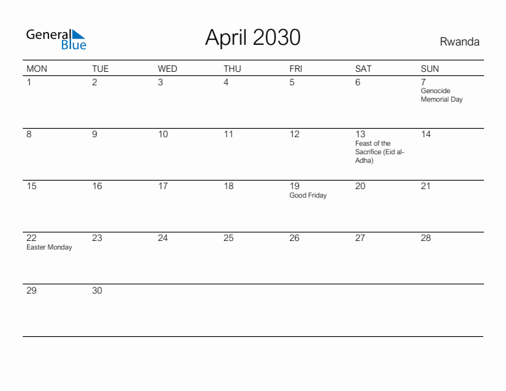 Printable April 2030 Calendar for Rwanda