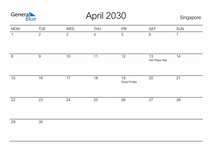 Printable April 2030 Calendar for Singapore