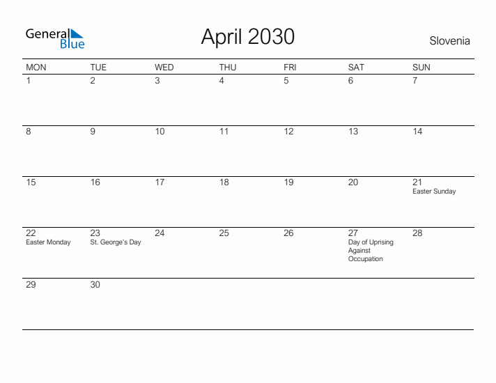 Printable April 2030 Calendar for Slovenia