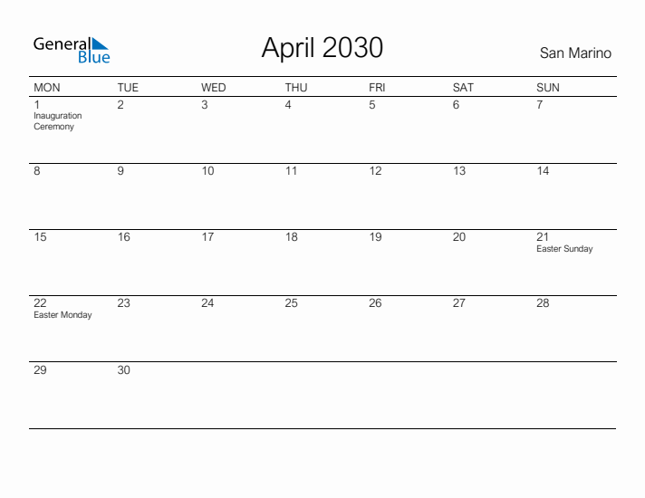Printable April 2030 Calendar for San Marino