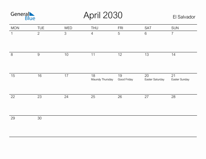Printable April 2030 Calendar for El Salvador