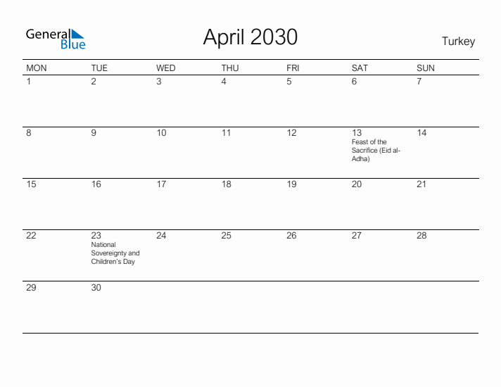 Printable April 2030 Calendar for Turkey
