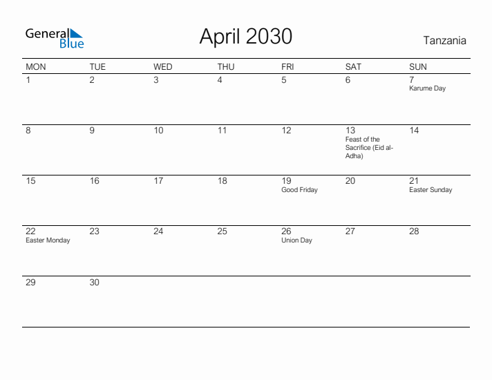 Printable April 2030 Calendar for Tanzania
