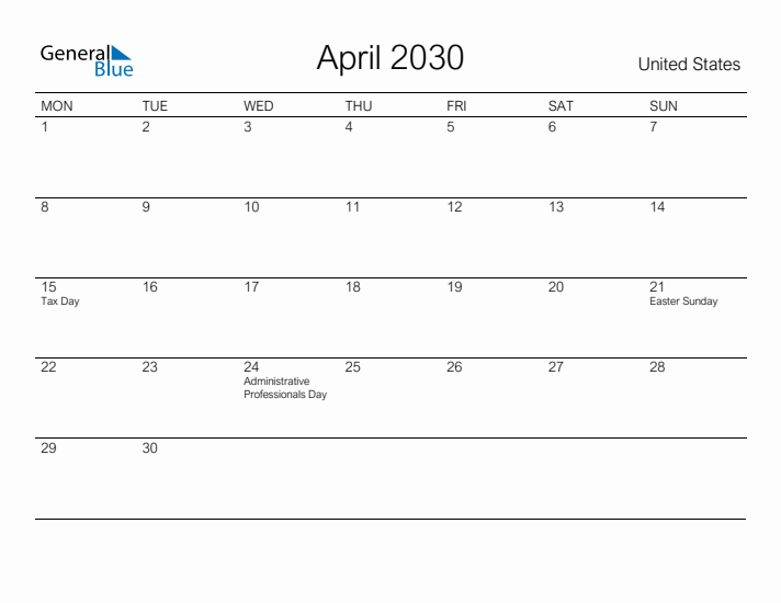 Printable April 2030 Calendar for United States
