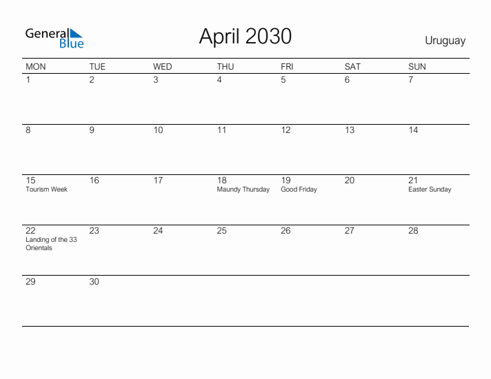 Printable April 2030 Calendar for Uruguay