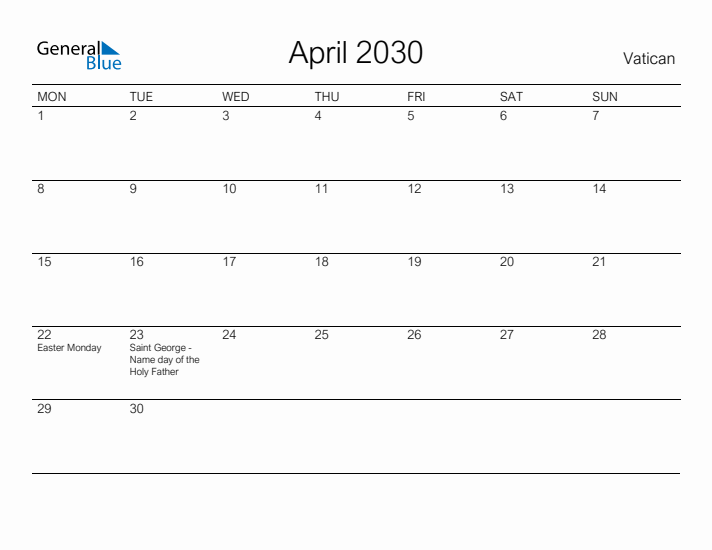 Printable April 2030 Calendar for Vatican