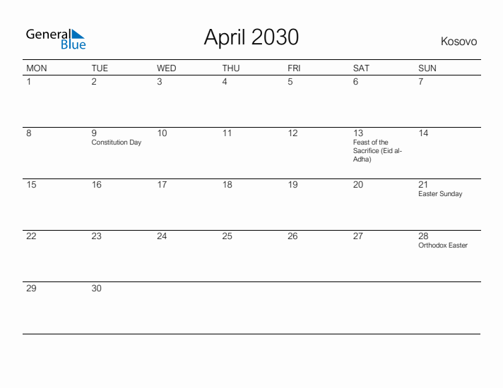 Printable April 2030 Calendar for Kosovo