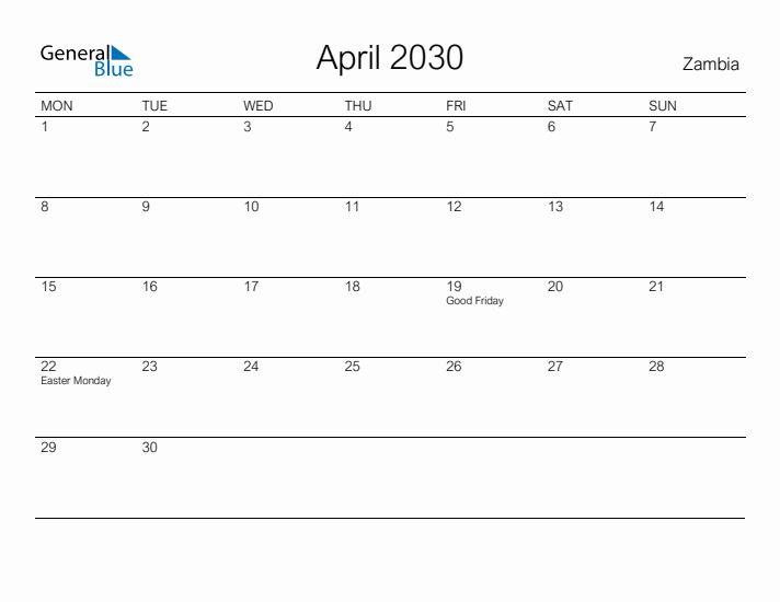 Printable April 2030 Calendar for Zambia
