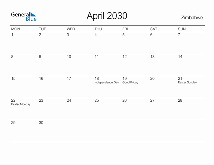 Printable April 2030 Calendar for Zimbabwe