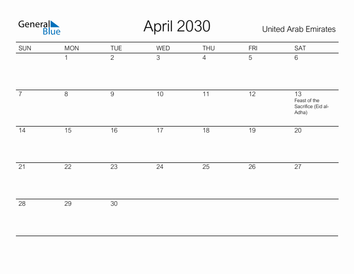 Printable April 2030 Calendar for United Arab Emirates