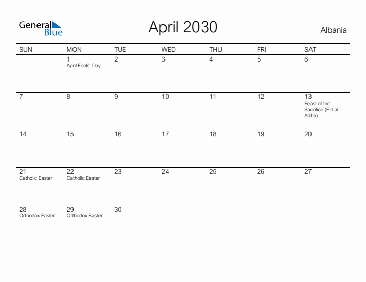 Printable April 2030 Calendar for Albania