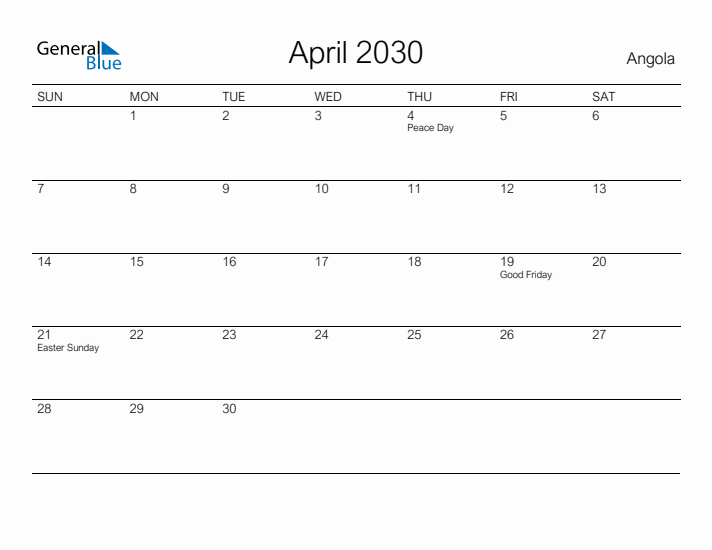 Printable April 2030 Calendar for Angola