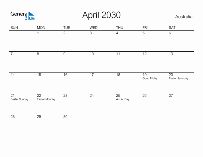 Printable April 2030 Calendar for Australia