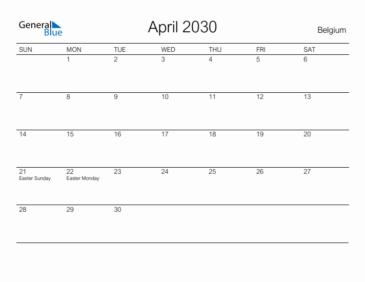 Printable April 2030 Calendar for Belgium