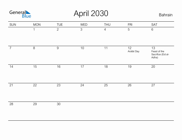 Printable April 2030 Calendar for Bahrain