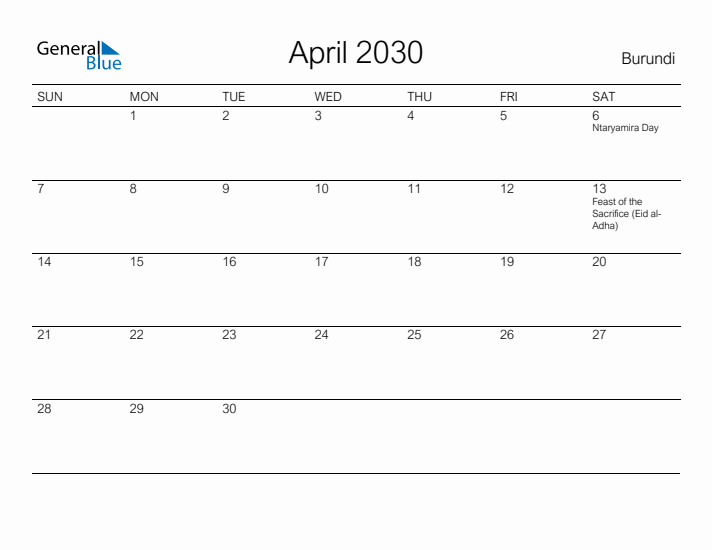 Printable April 2030 Calendar for Burundi