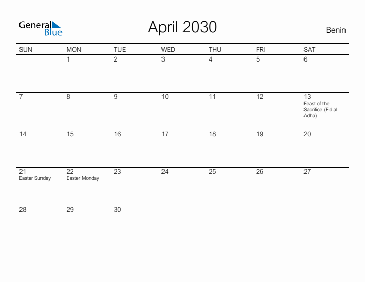 Printable April 2030 Calendar for Benin