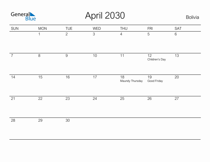 Printable April 2030 Calendar for Bolivia