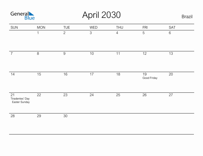 Printable April 2030 Calendar for Brazil