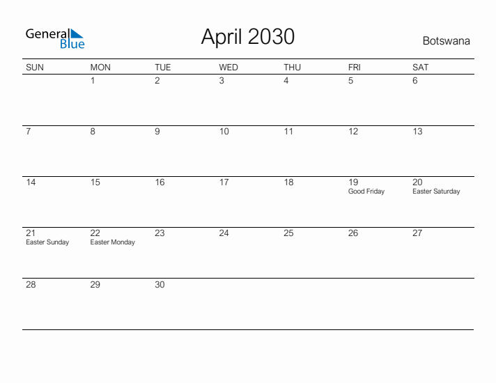 Printable April 2030 Calendar for Botswana