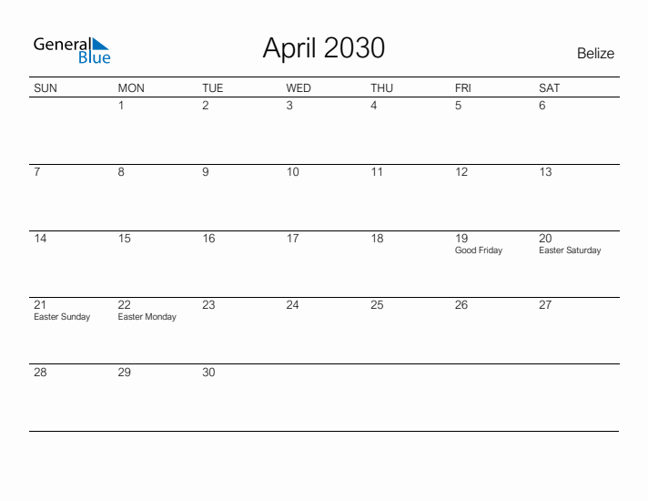 Printable April 2030 Calendar for Belize