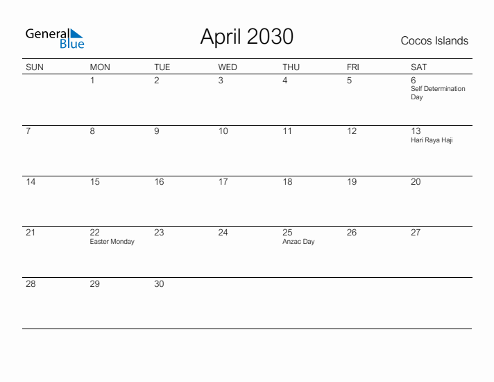 Printable April 2030 Calendar for Cocos Islands