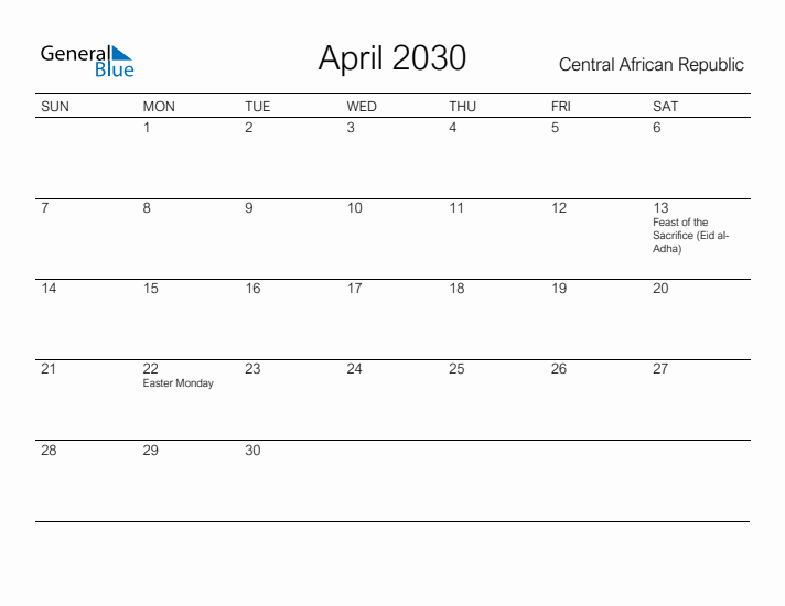 Printable April 2030 Calendar for Central African Republic