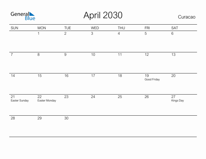 Printable April 2030 Calendar for Curacao