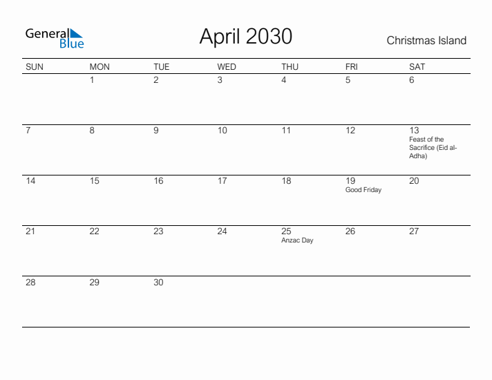 Printable April 2030 Calendar for Christmas Island
