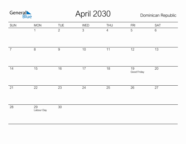 Printable April 2030 Calendar for Dominican Republic